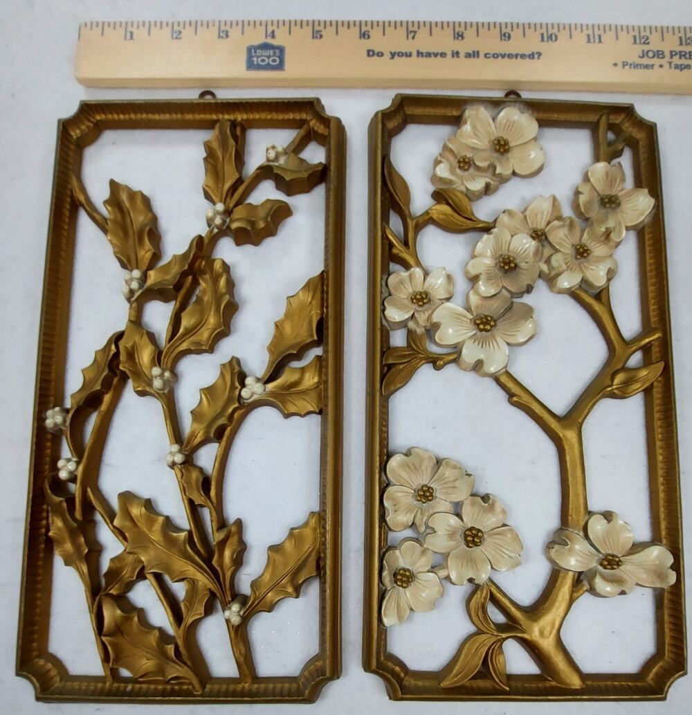Vintage MCM Dart Ind 2 Seasons Wall Plaques Gold & White Holly Dogwood Made USA